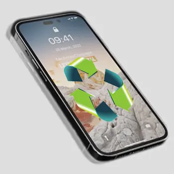 Una foto de un iPhone 14 con el símbolo de reciclaje en la pantalla